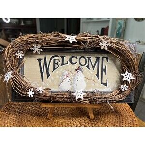 Christmas Holiday Winter Welcome Sign Snowmen , Twig Wreath W/ Metal Snowflakes